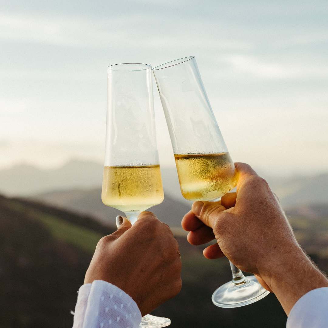 Two hands holding champagne flutes filled with sparkling white wine, clinking them together in a toast against a scenic backdrop of rolling hills at sunset.